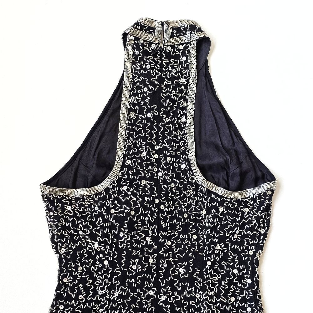 A.J. Bari Petites Silk Hand Beaded Fringe Cocktail Dress Black Silver Gatsby 20s - Picture 10 of 15